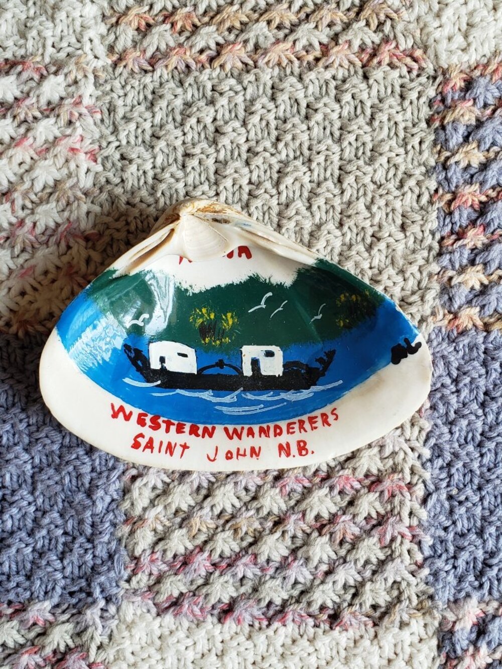 Folksy hand-painted mollusc shell WESTERN WANDERERS- Saint John, New Brunsick